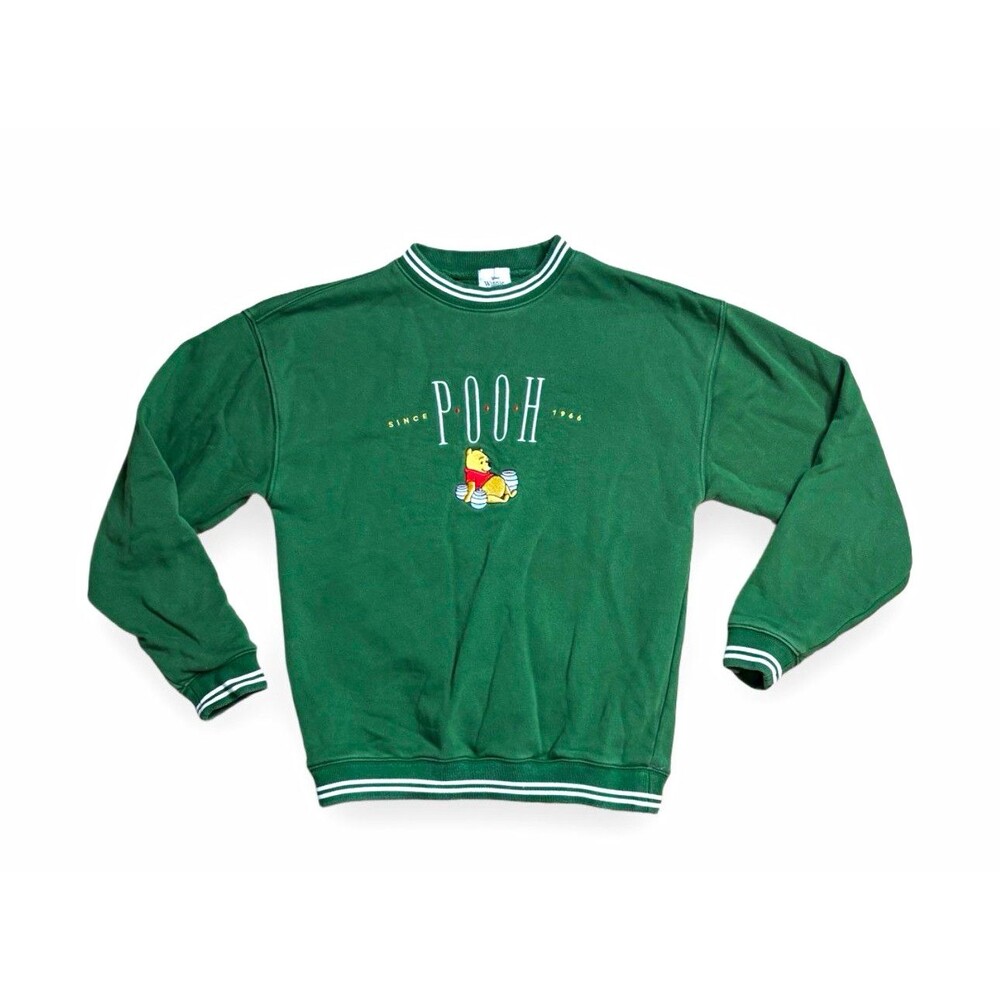 Disney Store Winnie the Pooh Embroidered Ringer Crewneck Sweatshirt Green Size S